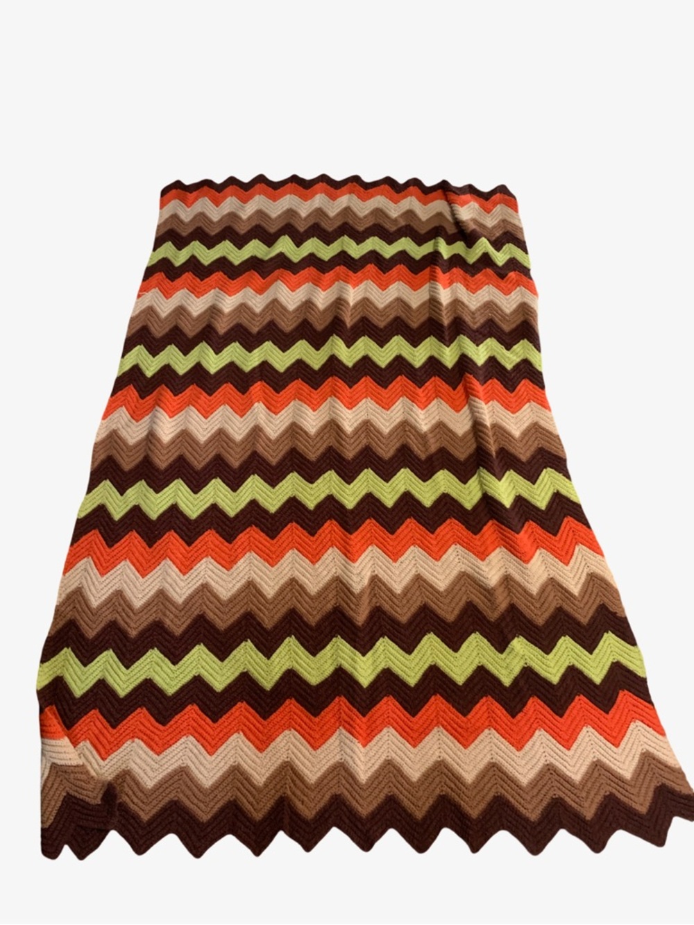 VINTAGE CHEVRON ORANGE BROWN YELLOW CROCHET AFGHAN BLANKET THROW ZIG ZAG 83L 53W